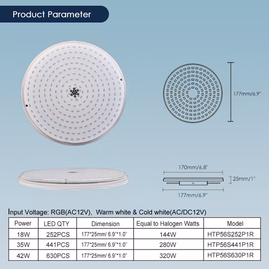 Hotook Patent Ultra Thin 1′′ AC 12/24V RGB 18W 35W Sostituisce la luce per piscina a montaggio superficiale di nicchia PAR56